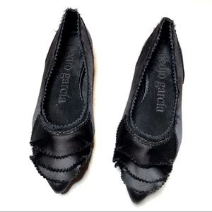 NWOT Pedro Garcia Black Satin Ruffled Albany Flats